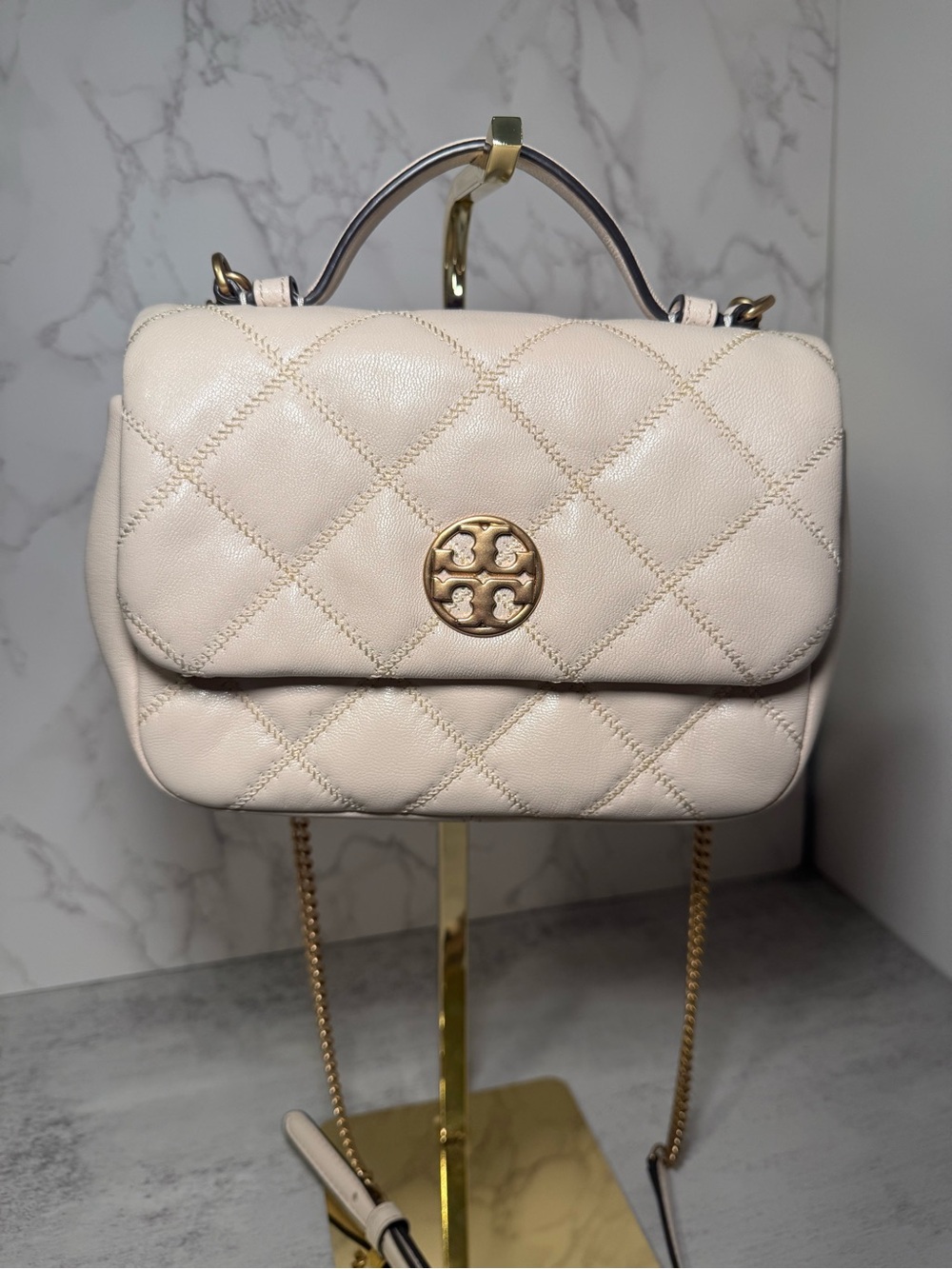 Tory Burch Cream Quilted Leather Chain Crossbody - Picture 2 of 6